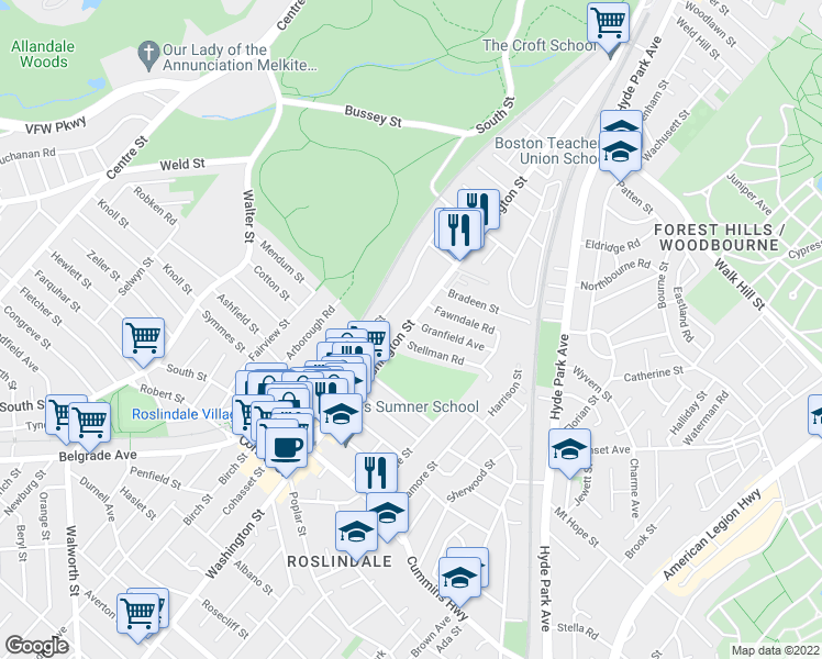 map of restaurants, bars, coffee shops, grocery stores, and more near 16 Stellman Road in Boston