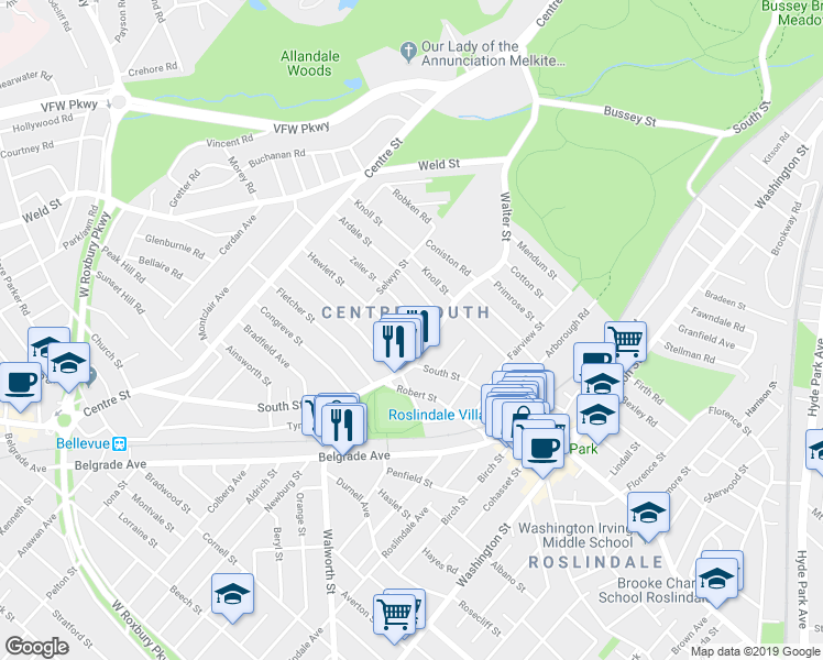 map of restaurants, bars, coffee shops, grocery stores, and more near 17 Hewlett Street in Boston
