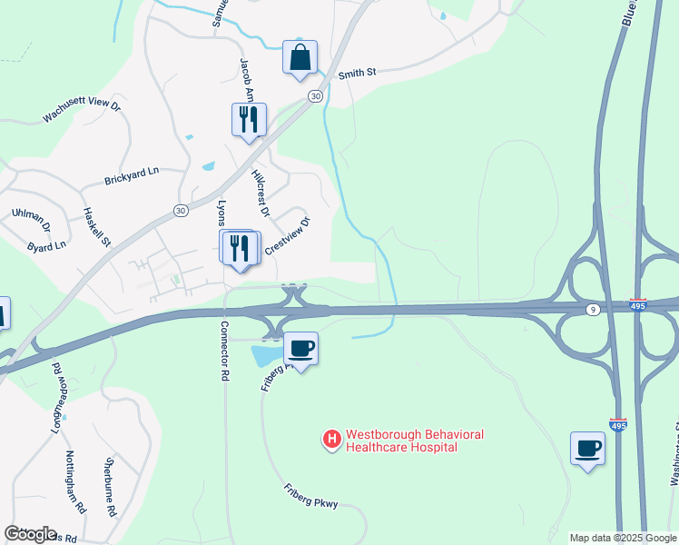 map of restaurants, bars, coffee shops, grocery stores, and more near 1800 Computer Drive in Westborough