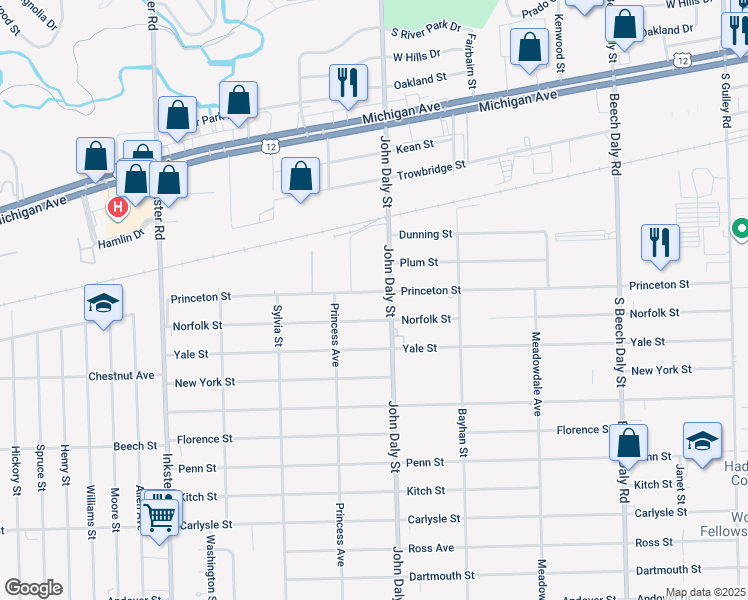map of restaurants, bars, coffee shops, grocery stores, and more near 26652 Norfolk Street in Inkster