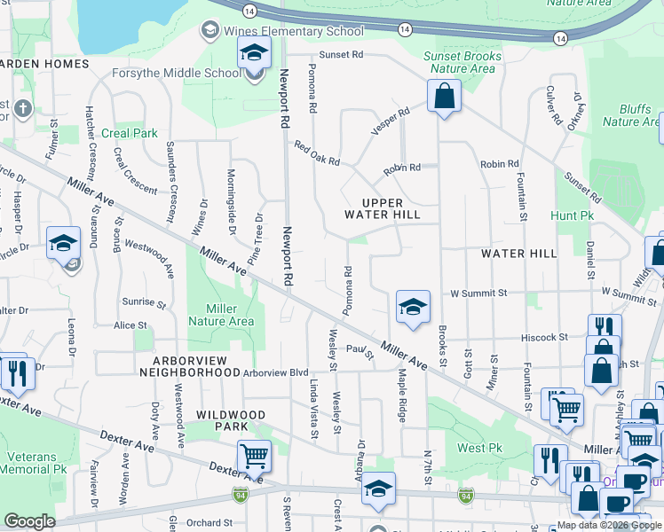 map of restaurants, bars, coffee shops, grocery stores, and more near 823 Pomona Road in Ann Arbor