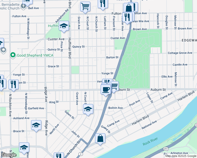 map of restaurants, bars, coffee shops, grocery stores, and more near 1418 Vernon Street in Rockford