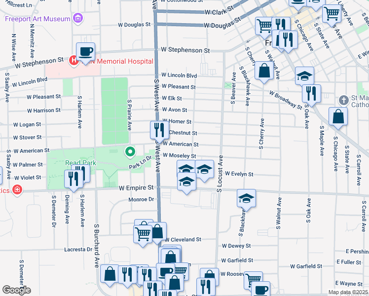 map of restaurants, bars, coffee shops, grocery stores, and more near 718 West Moseley Street in Freeport