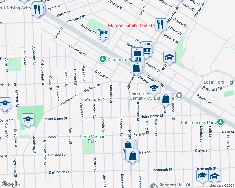 map of restaurants, bars, coffee shops, grocery stores, and more near 3028 Roosevelt Street in Dearborn