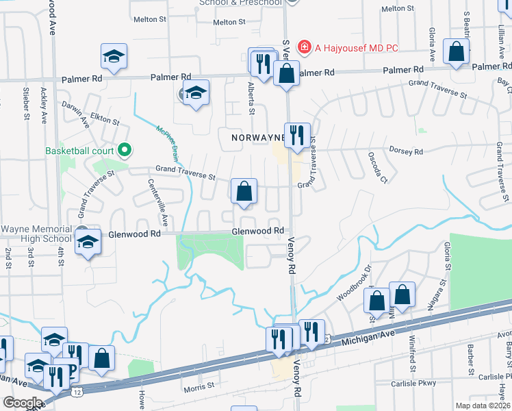 map of restaurants, bars, coffee shops, grocery stores, and more near 33110 Armada Court in Westland