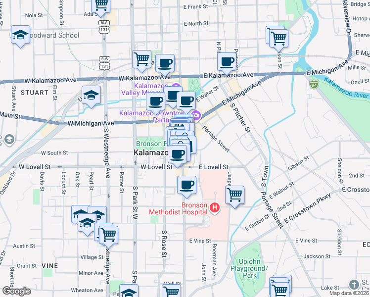 map of restaurants, bars, coffee shops, grocery stores, and more near 126 East South Street in Kalamazoo