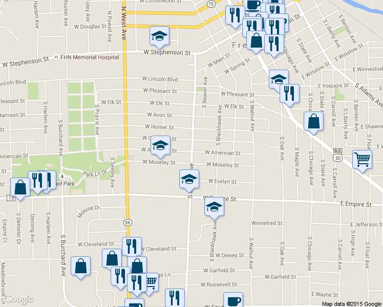 map of restaurants, bars, coffee shops, grocery stores, and more near 1116 South Locust Avenue in Freeport