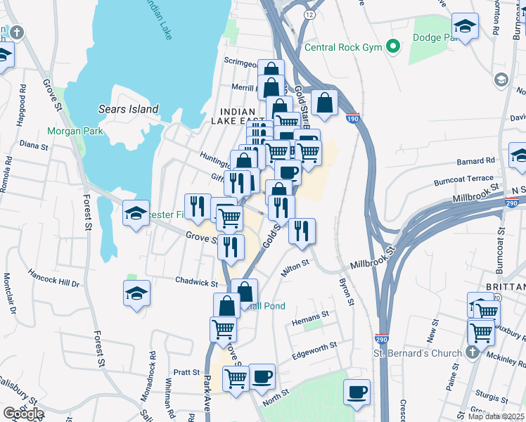 map of restaurants, bars, coffee shops, grocery stores, and more near 79 Gold Star Boulevard in Worcester