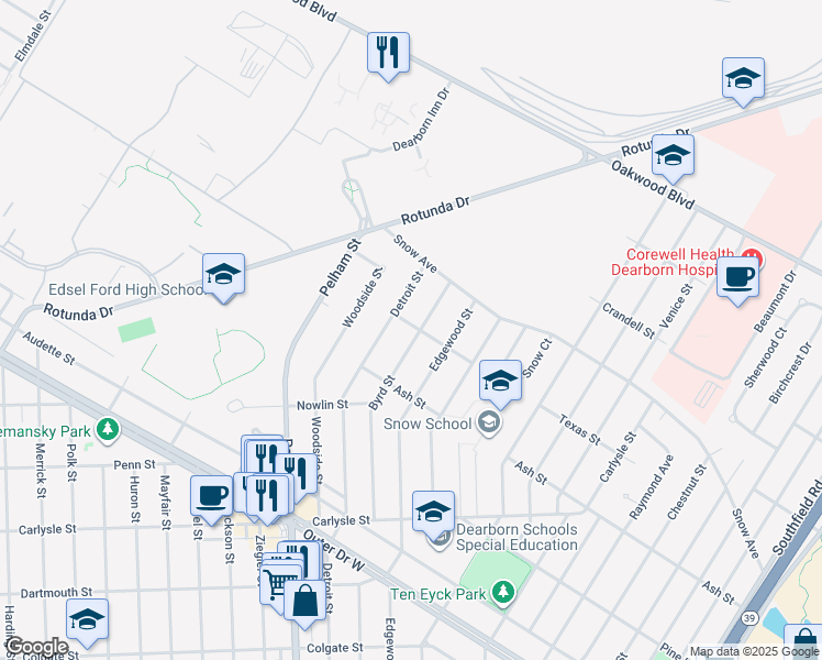 map of restaurants, bars, coffee shops, grocery stores, and more near 2044 Byrd Street in Dearborn