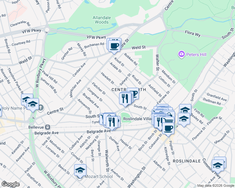 map of restaurants, bars, coffee shops, grocery stores, and more near 26 Farquhar Street in Boston