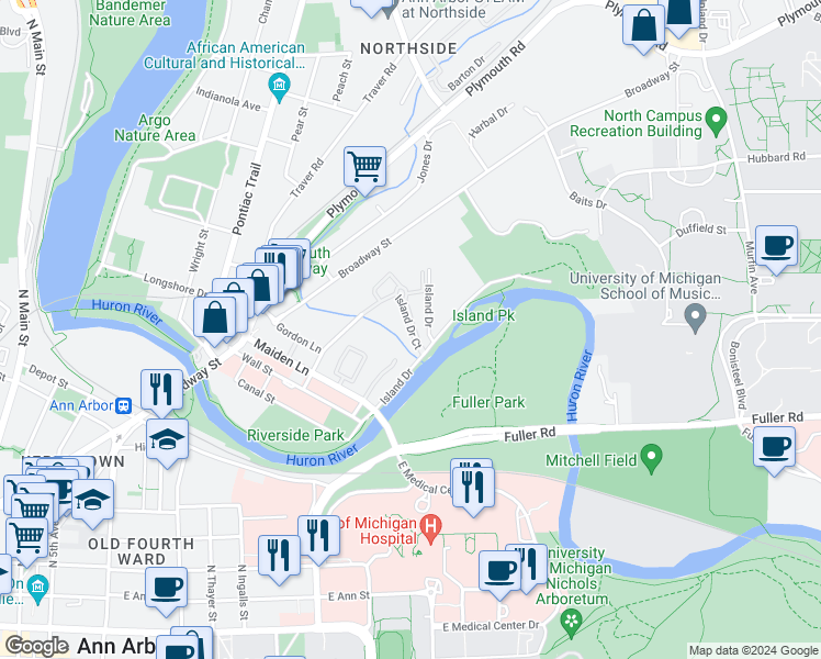 map of restaurants, bars, coffee shops, grocery stores, and more near 1217 Island Drive Court in Ann Arbor