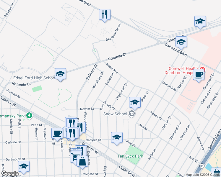 map of restaurants, bars, coffee shops, grocery stores, and more near 2044 Byrd Street in Dearborn