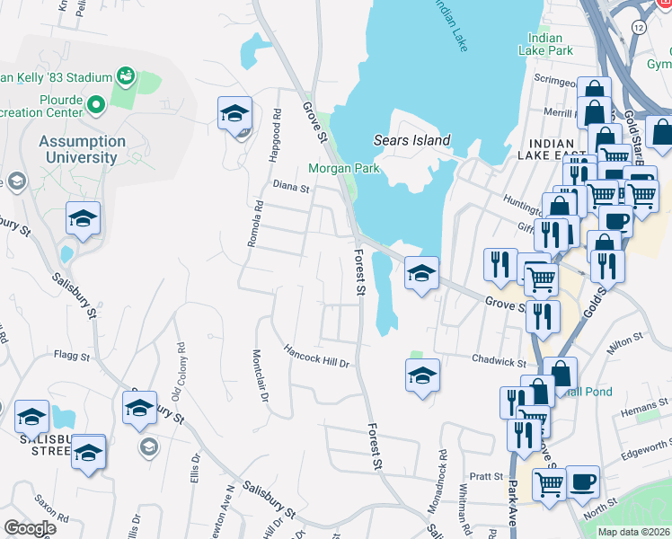 map of restaurants, bars, coffee shops, grocery stores, and more near 39 Laconia Road in Worcester