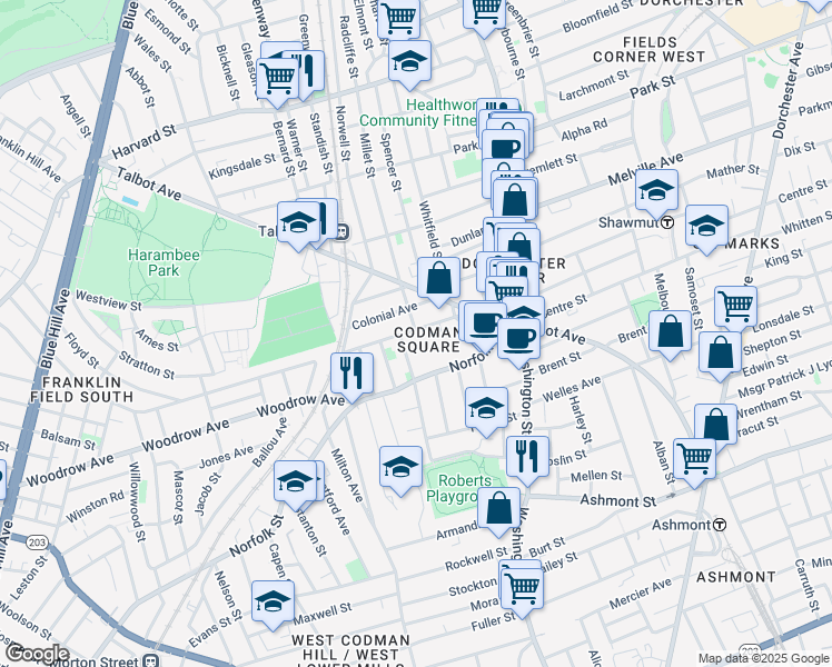 map of restaurants, bars, coffee shops, grocery stores, and more near 86 Southern Avenue in Boston