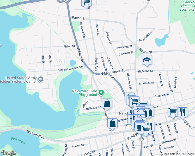 map of restaurants, bars, coffee shops, grocery stores, and more near 82 North Main Street in Natick