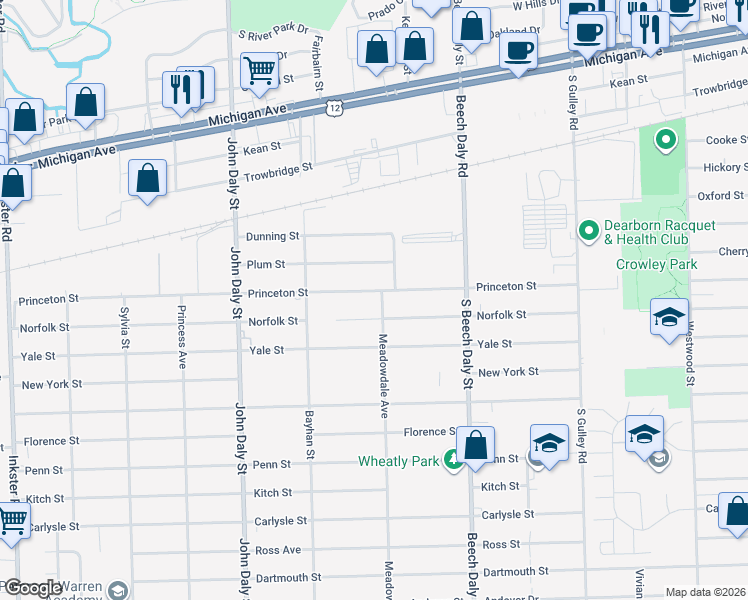 map of restaurants, bars, coffee shops, grocery stores, and more near 26080 Norfolk Street in Inkster