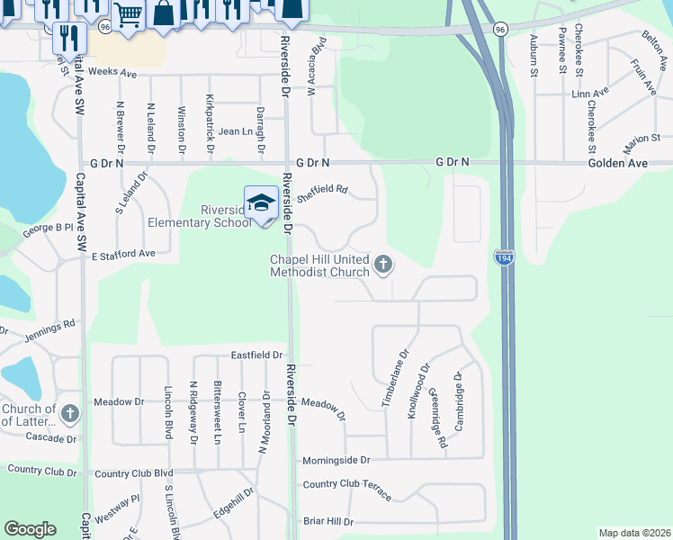 map of restaurants, bars, coffee shops, grocery stores, and more near 134 Chapel Hill Drive in Battle Creek
