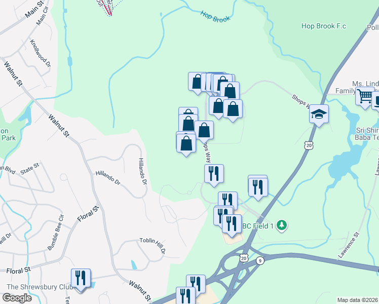 map of restaurants, bars, coffee shops, grocery stores, and more near 10n Shops Way in Northborough