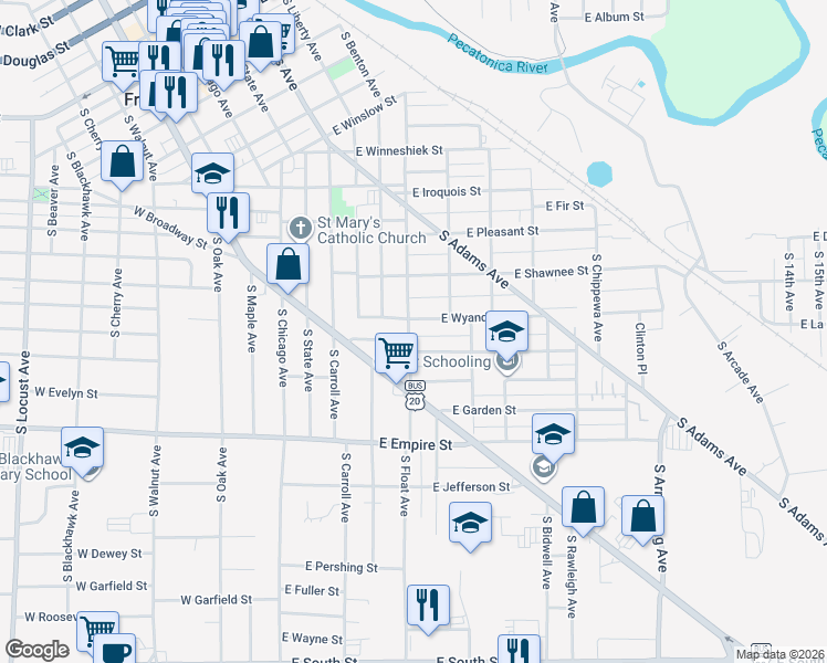 map of restaurants, bars, coffee shops, grocery stores, and more near 433 East Prospect Terrace in Freeport
