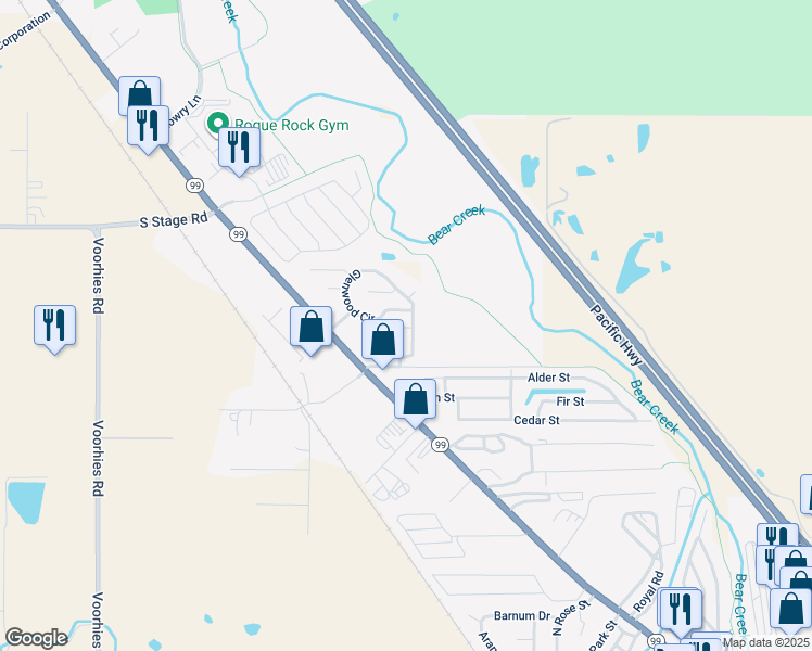 map of restaurants, bars, coffee shops, grocery stores, and more near Glenwood Cir in Medford