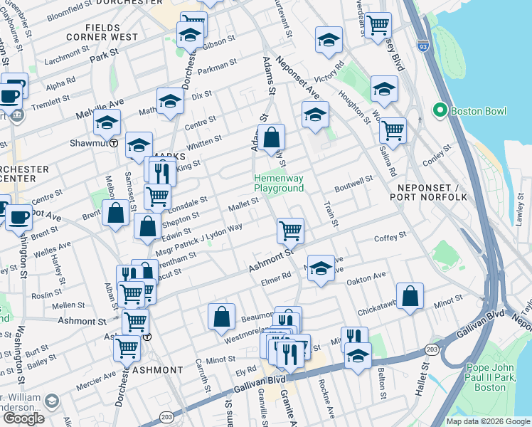 map of restaurants, bars, coffee shops, grocery stores, and more near 129-131 Msgr Patrick J Lydon Way in Boston