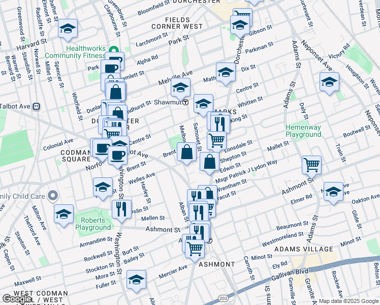 map of restaurants, bars, coffee shops, grocery stores, and more near 112 Welles Avenue in Boston