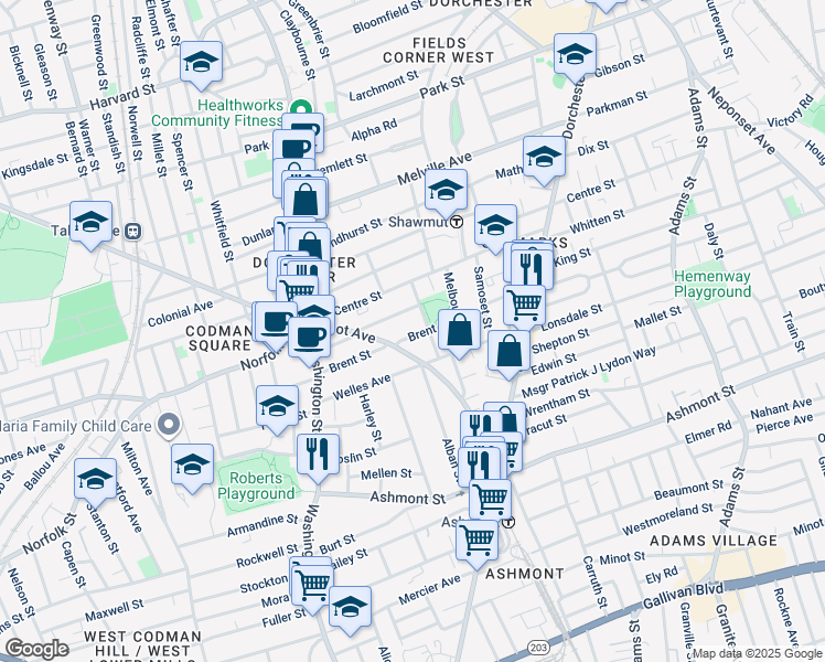 map of restaurants, bars, coffee shops, grocery stores, and more near 51 Wainwright Street in Boston