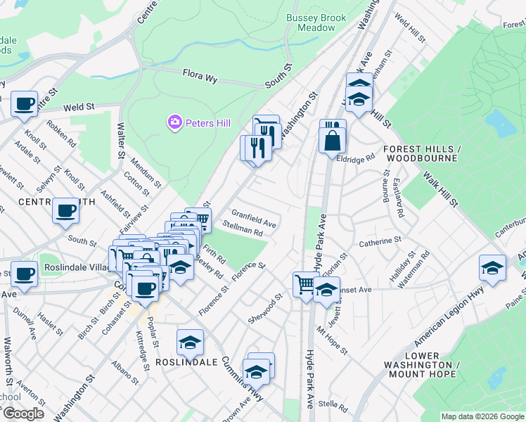 map of restaurants, bars, coffee shops, grocery stores, and more near 31 Granfield Avenue in Boston