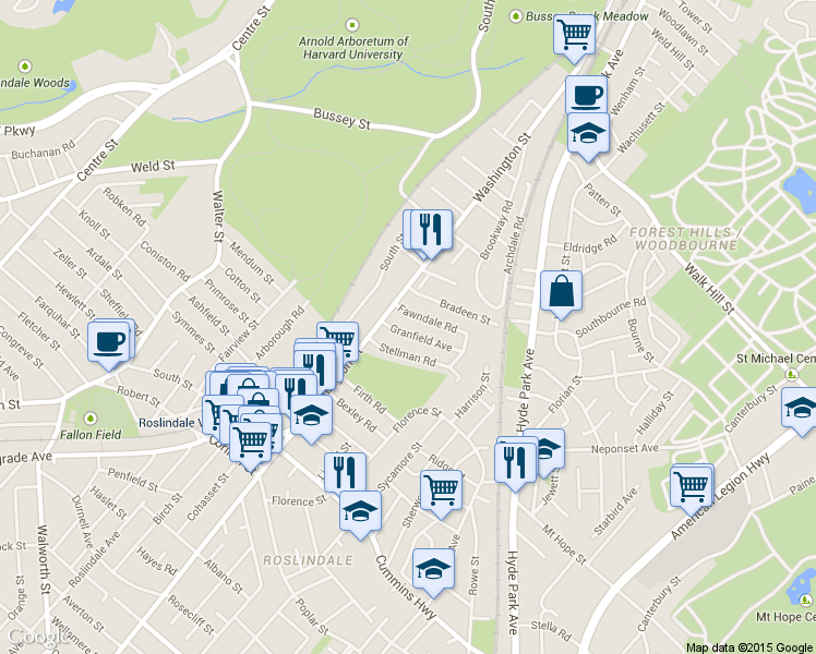 map of restaurants, bars, coffee shops, grocery stores, and more near 31 Granfield Avenue in Boston