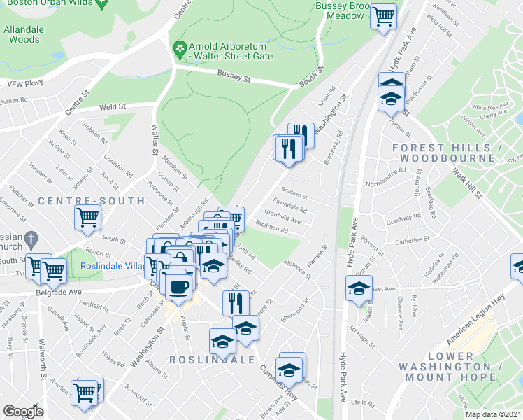 map of restaurants, bars, coffee shops, grocery stores, and more near 16 Stellman Road in Boston