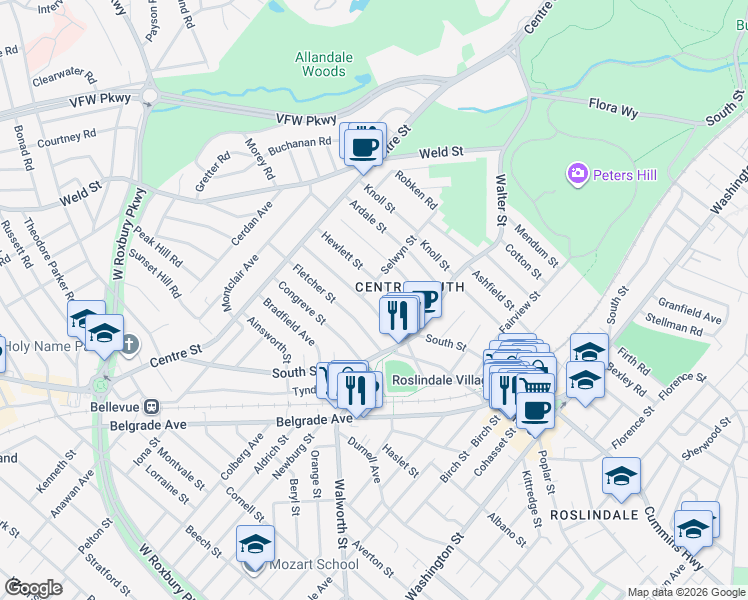 map of restaurants, bars, coffee shops, grocery stores, and more near 26 Farquhar Street in Boston