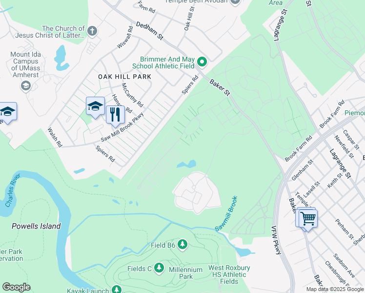 map of restaurants, bars, coffee shops, grocery stores, and more near 882 Baker Street in West Roxbury
