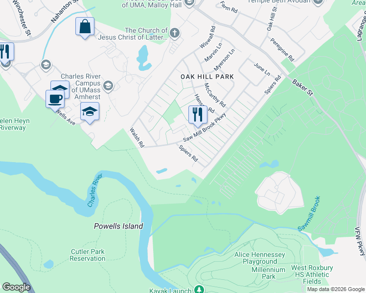 map of restaurants, bars, coffee shops, grocery stores, and more near 38 Spiers Road in Newton