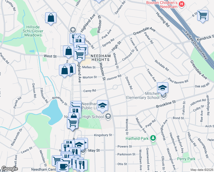 map of restaurants, bars, coffee shops, grocery stores, and more near 46 Homestead Park in Needham