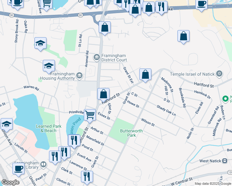 map of restaurants, bars, coffee shops, grocery stores, and more near 5 Deer Path Lane in Framingham