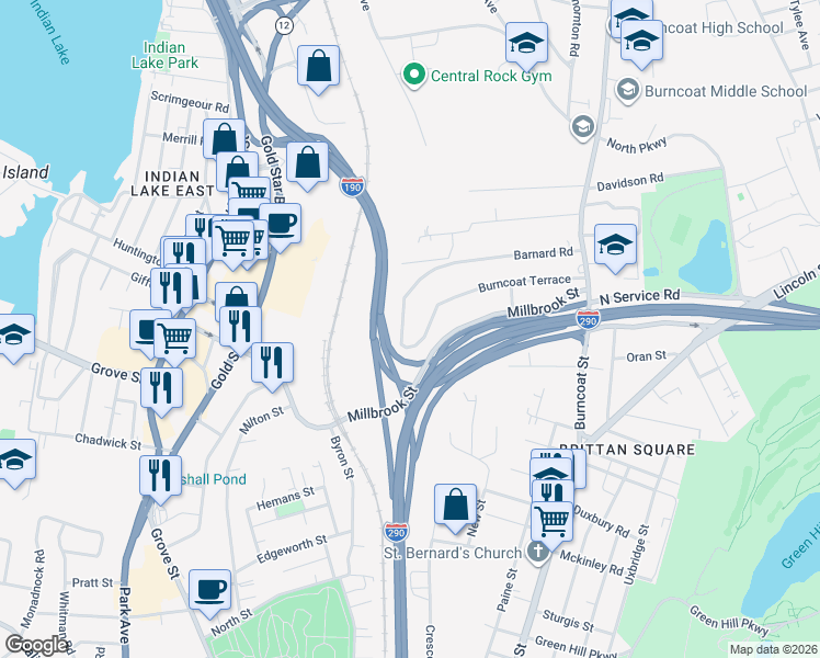 map of restaurants, bars, coffee shops, grocery stores, and more near 157 Barnard Road in Worcester