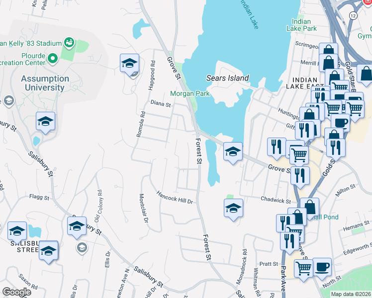 map of restaurants, bars, coffee shops, grocery stores, and more near 39 Laconia Road in Worcester