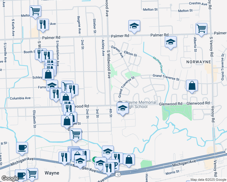 map of restaurants, bars, coffee shops, grocery stores, and more near 34223 Dayton Court in Westland