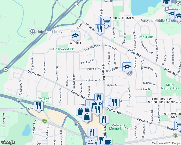 map of restaurants, bars, coffee shops, grocery stores, and more near 626 Louise Drive in Ann Arbor