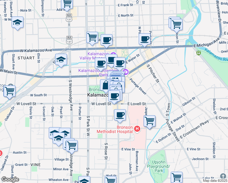 map of restaurants, bars, coffee shops, grocery stores, and more near 315 South Rose Street in Kalamazoo