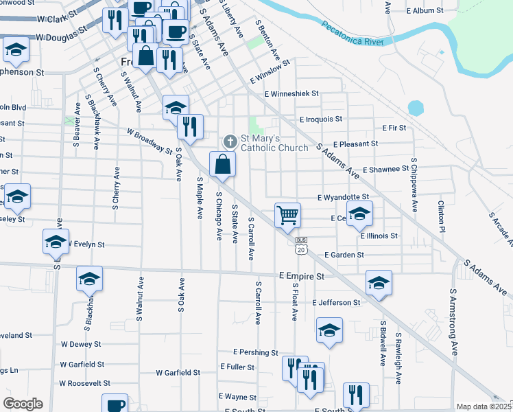 map of restaurants, bars, coffee shops, grocery stores, and more near 1016 South Carrol Avenue in Freeport