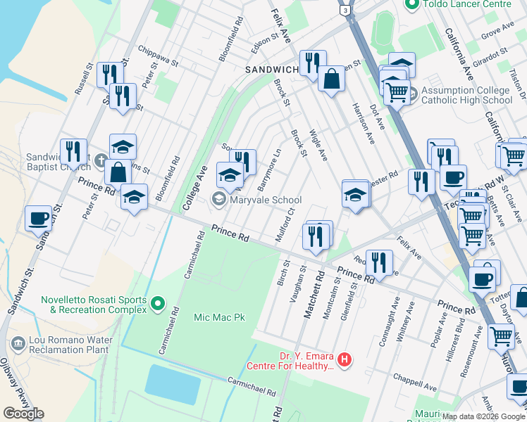 map of restaurants, bars, coffee shops, grocery stores, and more near 3618 Girardot Street in Windsor