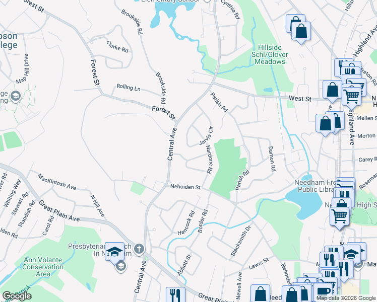 map of restaurants, bars, coffee shops, grocery stores, and more near 114 Jarvis Circle in Needham