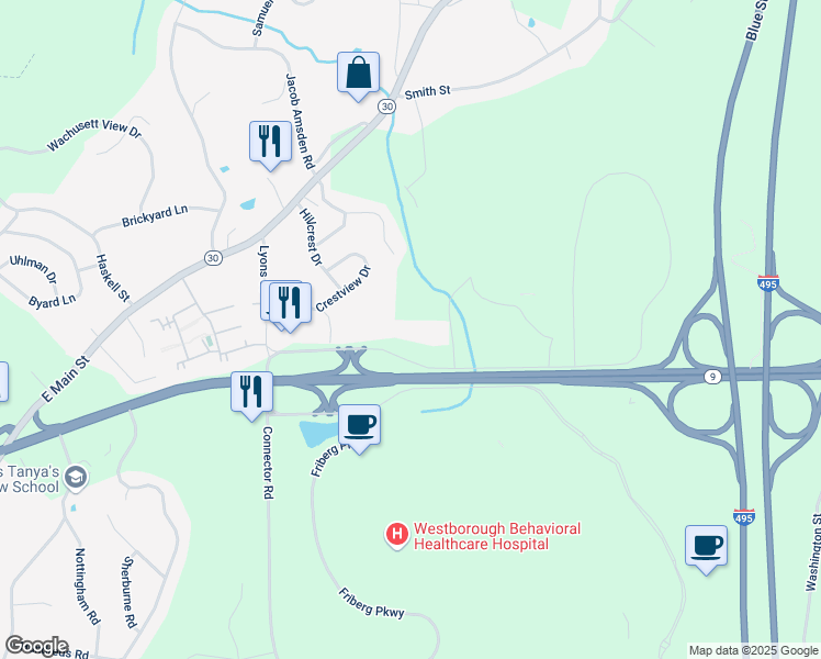 map of restaurants, bars, coffee shops, grocery stores, and more near 1800 Computer Drive in Westborough