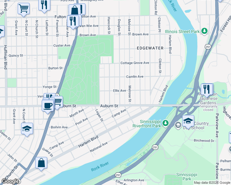 map of restaurants, bars, coffee shops, grocery stores, and more near 712 Ellis Avenue in Rockford