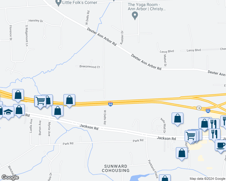 map of restaurants, bars, coffee shops, grocery stores, and more near 304 West Delhi Road in Ann Arbor