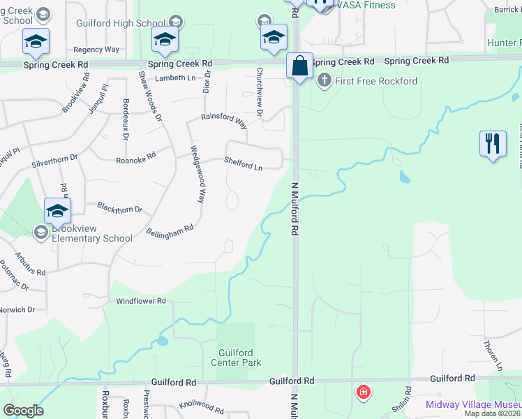 map of restaurants, bars, coffee shops, grocery stores, and more near 1850 North Mulford Road in Rockford