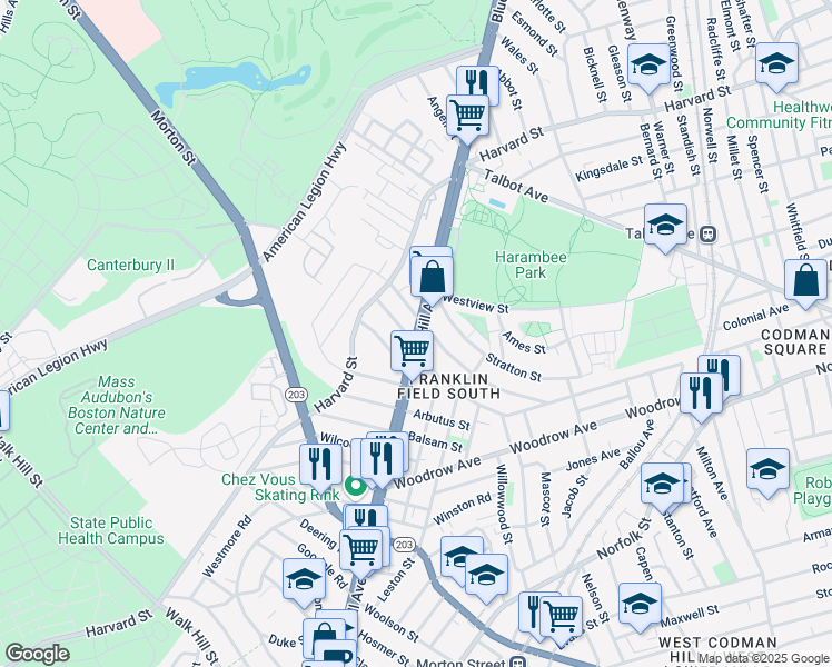map of restaurants, bars, coffee shops, grocery stores, and more near 999 Blue Hill Avenue in Boston