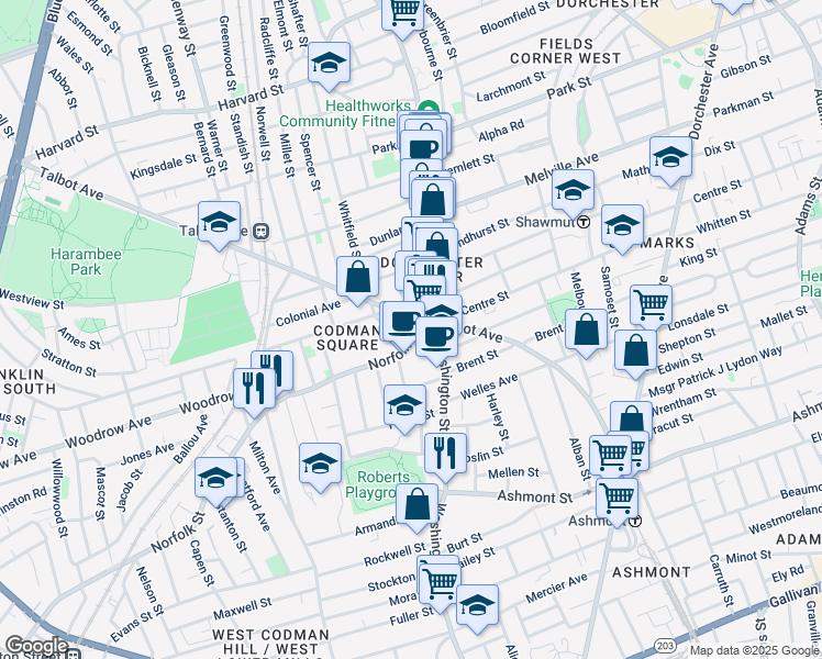 map of restaurants, bars, coffee shops, grocery stores, and more near 15 Norfolk Street in Boston