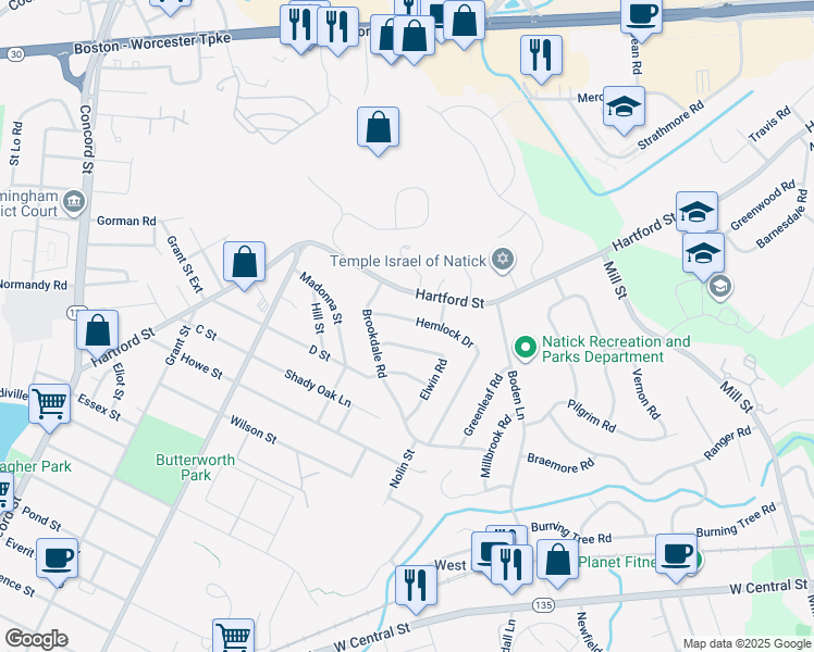 map of restaurants, bars, coffee shops, grocery stores, and more near 4 Elwin Road in Natick